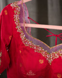 Pink Gadwal tissue saree with a contrast red border