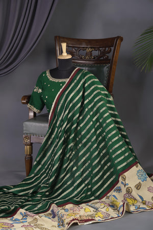 Emerald Green chanderi saree with hand painted kalamkari border