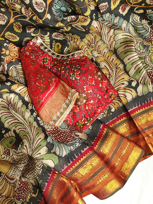 A classic kanchi kalamkari saree with a pure Patola blouse