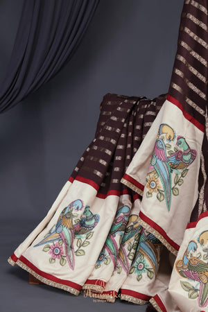 Brown chanderi silk saree with hand painted kalamkari border