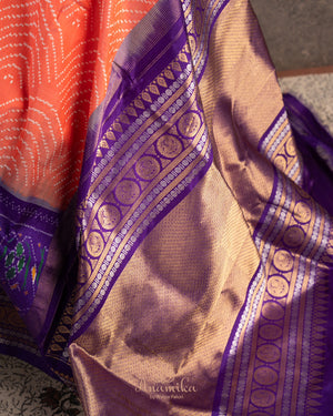 Peach & Purple Twill Silk Saree with patola and kanchi border