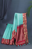 Sky Blue and red kanjeevaram with floral applique border
