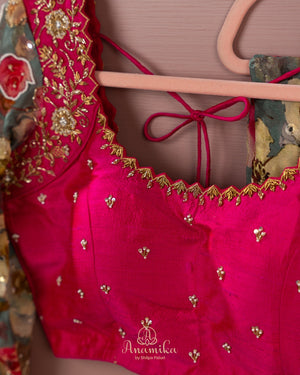 Grey Floral Chinnon saree with a contrast handwork blouse