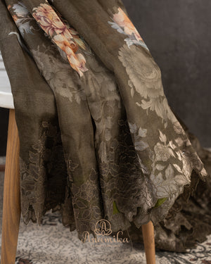 Olive green Handloom Lenin saree with digital floral prints