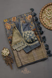 Kalamkari printed organza saree in dark grey