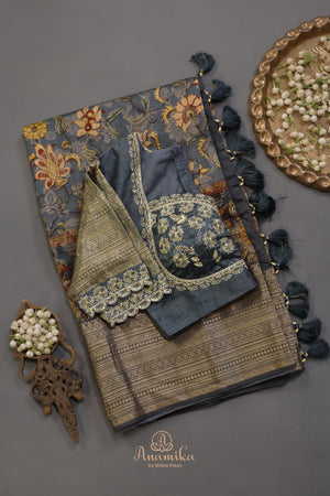 Kalamkari printed organza saree in dark grey