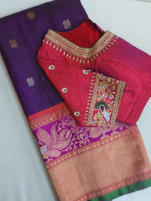 A Royal Gadwal kanchi saree in purple with contrast turning meena border