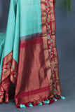 Sky Blue and red kanjeevaram with floral applique border