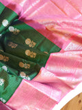 Unique Dark green and peach pink Venkatagiri Pattu saree