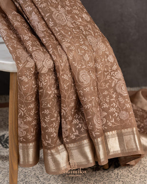 Organza saree in light brown with all over thread embroidery (Copy)