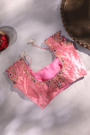 Peach short sleeves blouse with zardosi work