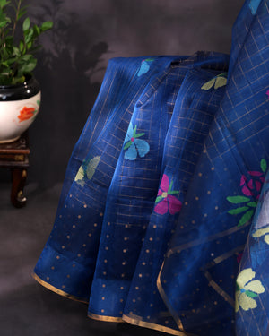 Dark blue muslin jamdaani saree with inter woven sequins