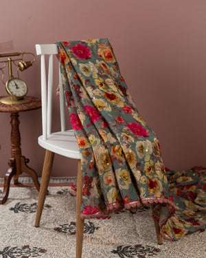 Grey Floral Chinnon saree with a contrast handwork blouse