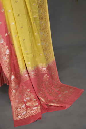 Beautiful chinnon silk saree in yellow and peach shade
