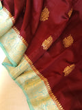 Banarasi Dupion silk saree in a lovely shade of burgundy and sea green