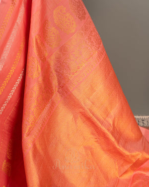 Peach Gadwal saree with peacock motifs