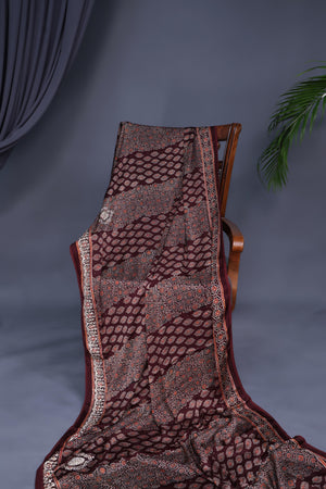 Earthy brown ajrak saree with swaroski stone work
