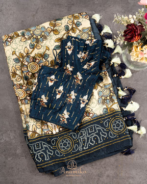 Modal Satin saree with kalamkari print