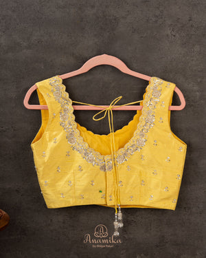 Yellow pure organza saree with all over work