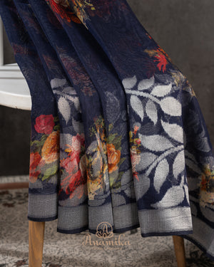 Royal Blue Handloom Lenin saree with digital floral prints