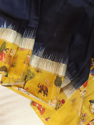 Light weight dupion saree in blue with contrast yellow kalamkari border