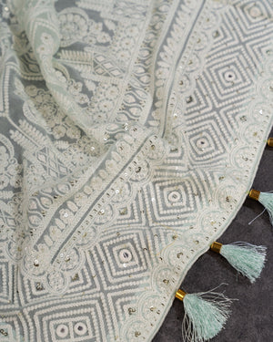 Chikankari georgette saree in light powder blue with beautifully woven sequins