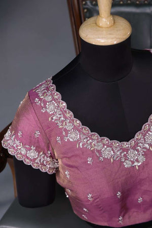Pink tissue blouse with zardosi work