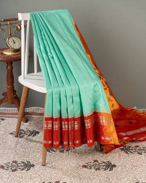 Ice Blue Gadwal Saree with contrast paithani border and pallu