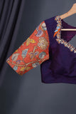 Deep purple bandini saree with a hand painted kalamkari border