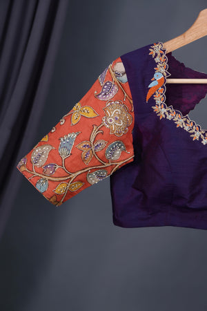 Deep purple bandini saree with a hand painted kalamkari border