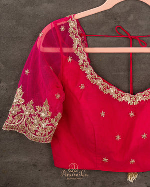 Hot Pink blouse with intricate embroidery and net sleeves