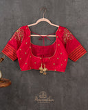 Pure silk blouse in tomato red with patola silk sleeves