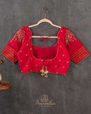 Pure silk blouse in tomato red with patola silk sleeves