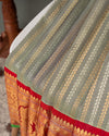 Vibrant Gadwal Kanchi Saree in a unique combo of light grey with maroon red