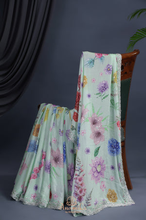 Mint Green Crepe Floral saree with hand worked border
