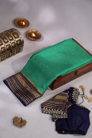 Gorgeous Mysore Silk Saree in green with  a contrast blue border