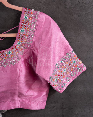 Baby Pink Tusser georgette saree with all over paithani weave