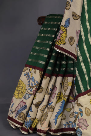 Emerald Green chanderi saree with hand painted kalamkari border