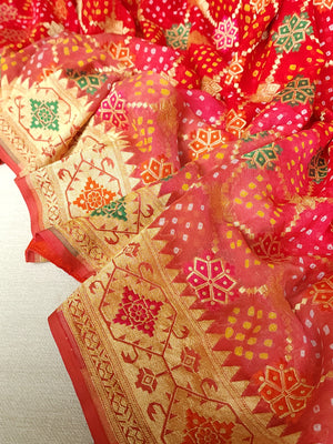 Red & Peach shaded Bandini Georgette saree