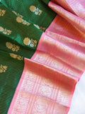 Unique Dark green and peach pink Venkatagiri Pattu saree