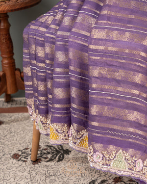 Lavender Goergette Organza saree with zari lines all over