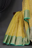 Gorgeous Chanderi saree in lemon yellow and blue combo