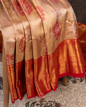 Stunning Gold & Red kanjeevaram saree with digital floral weave