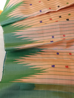 Gadwal saree in peach with beautiful contrast green temple borders