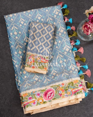 Pastel Blue Ikkat Silk Saree with embroidered border