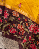 Yellow pure silk saree with contrast brown floral cutwork border