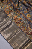 Kalamkari printed organza saree in dark grey