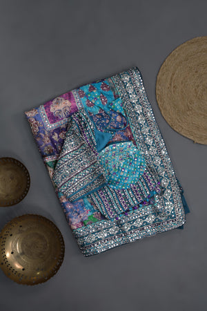 Designer Georgette Saree in hues of blue, green and purple