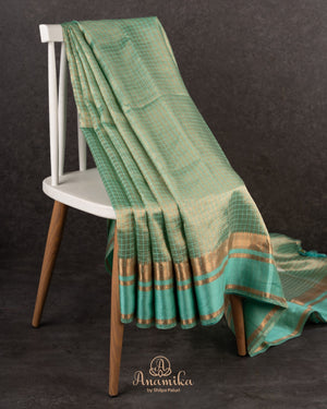 Green tissue soft silk saree with checkered design
