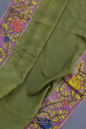 Parrot Green falling silk with hand painted kalamkari border